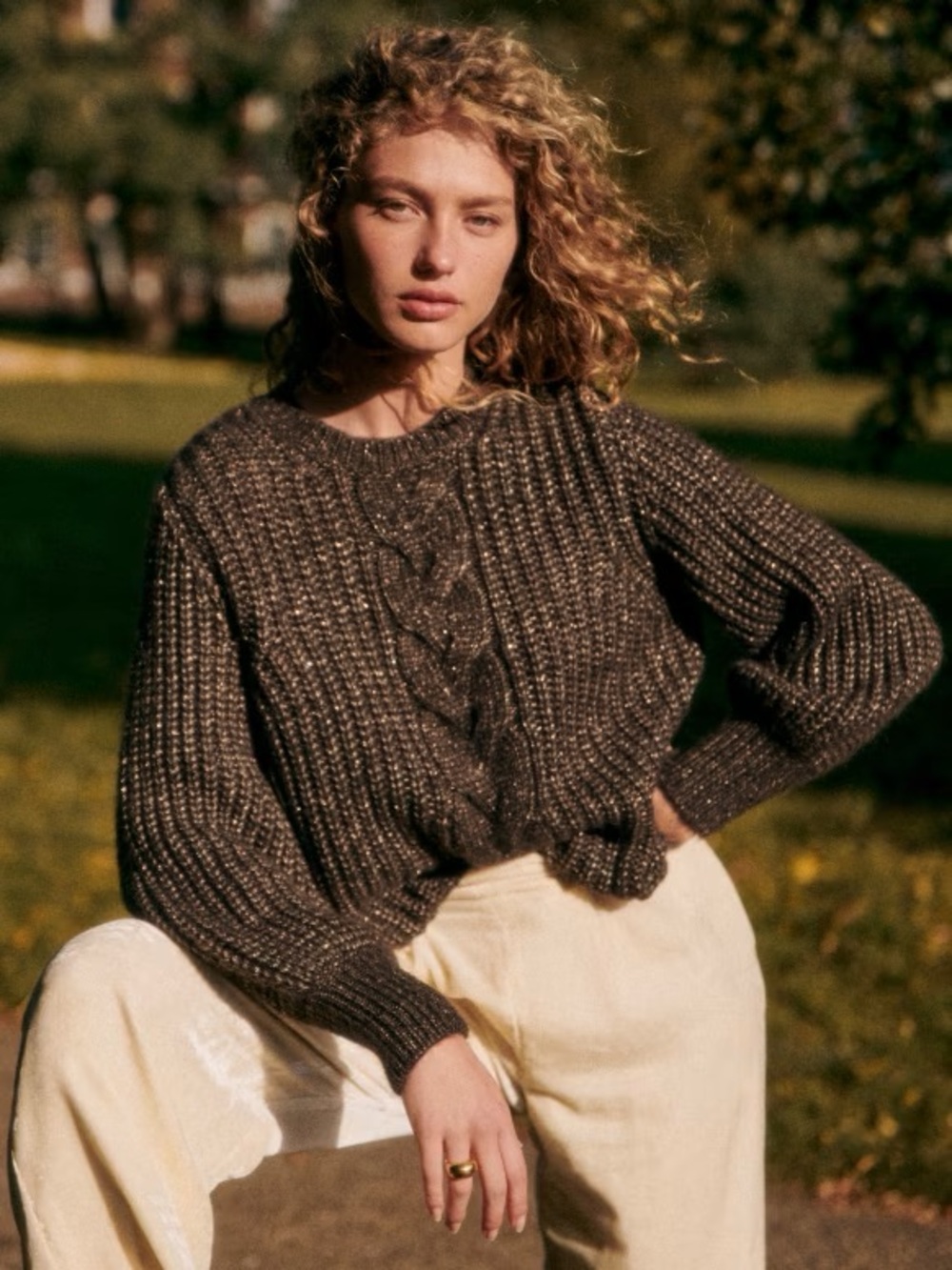 Sezane Jazz Metallic Gold Brown Knit Jumper Sweater Golden Camel Medium M